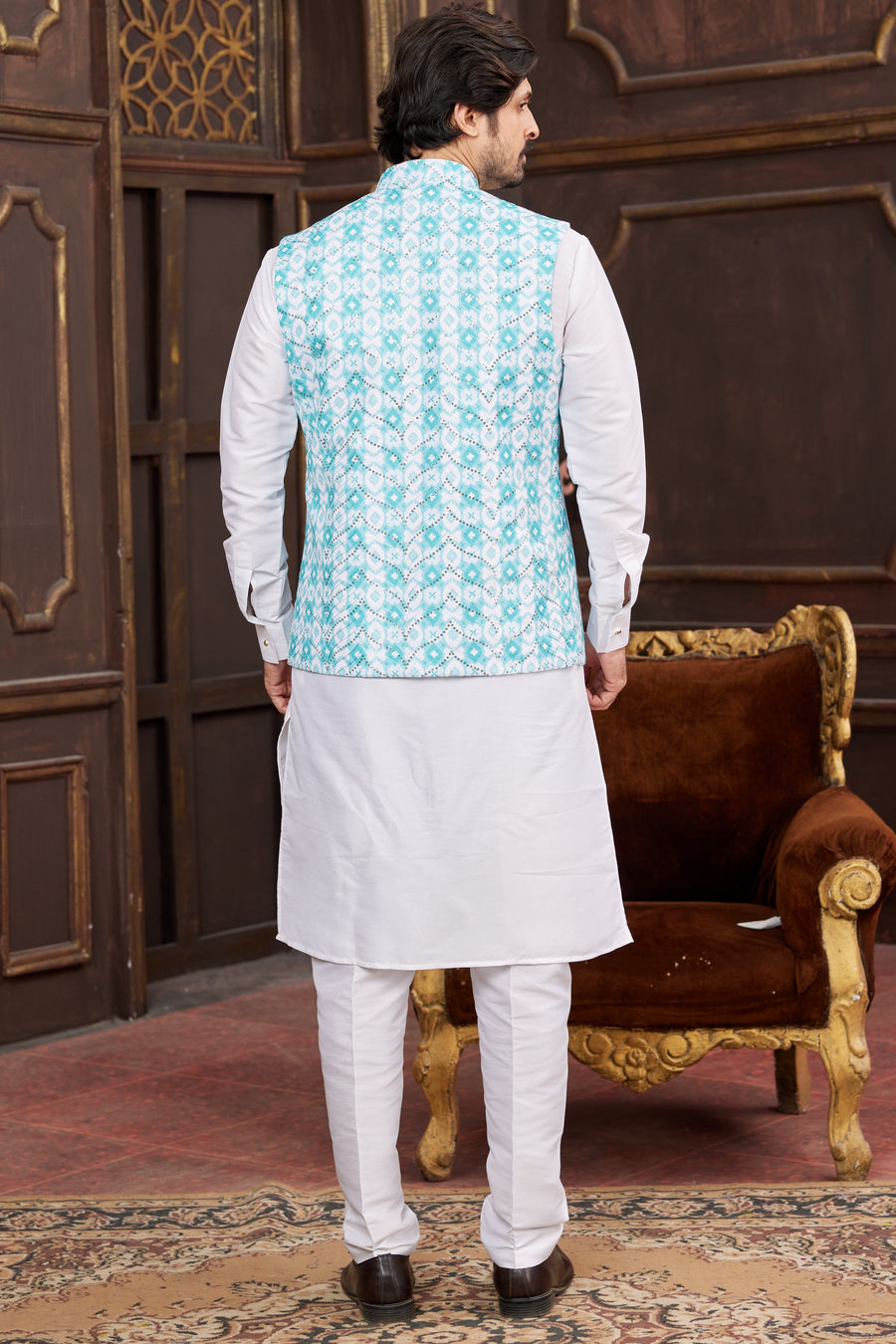 Blue White Art Silk Kurta Pajama with Waistcoat Jacket for Men for Wedding & Festivals - Print Work