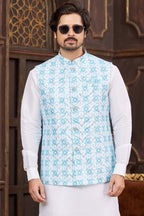 Blue White Art Silk Kurta Pajama with Waistcoat Jacket for Men for Wedding & Festivals - Print Work