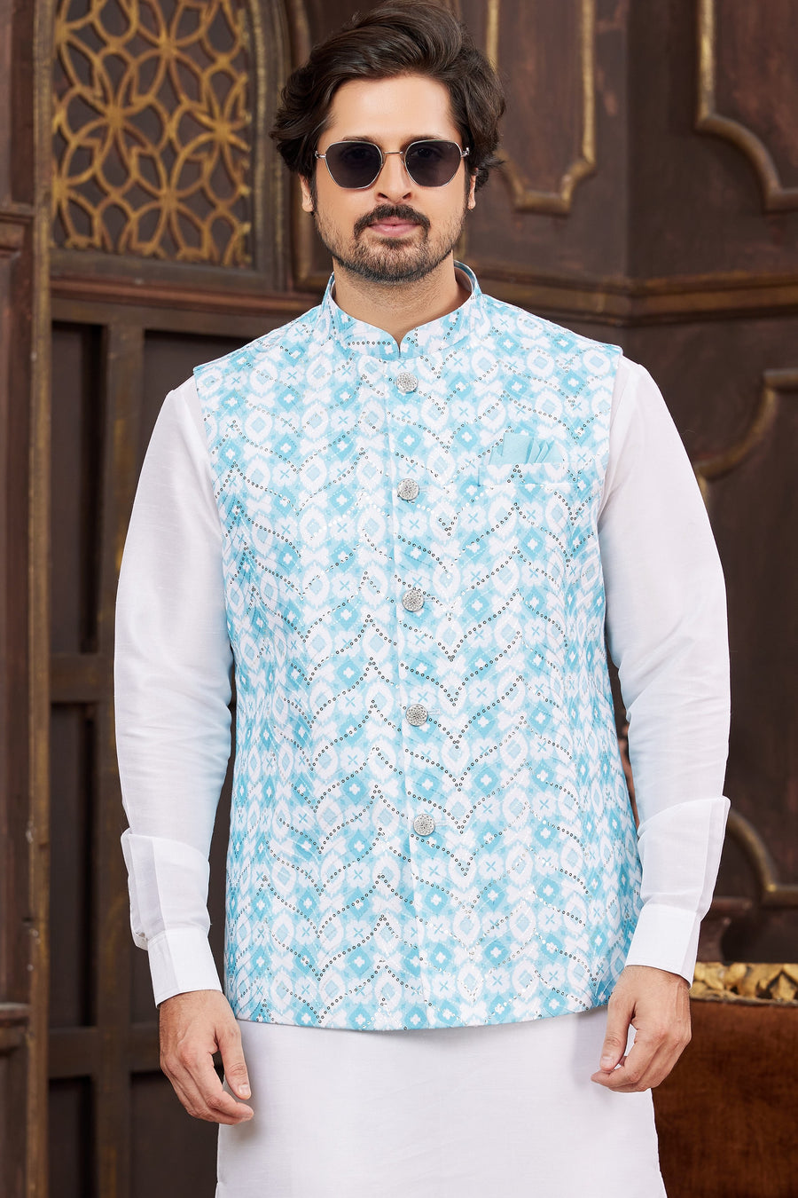Blue White Art Silk Kurta Pajama with Waistcoat Jacket for Men for Wedding & Festivals - Print Work
