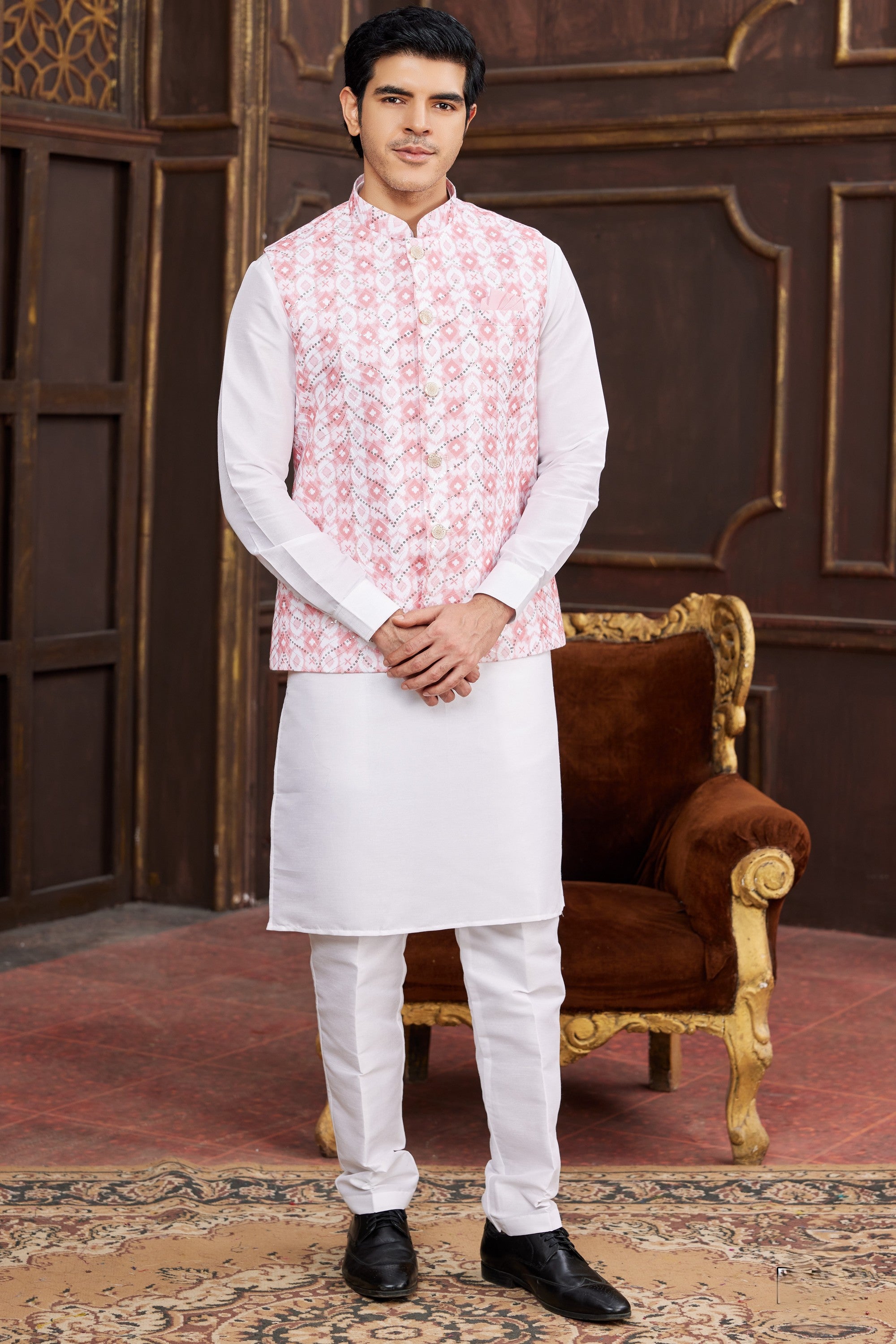 Pink White Art Silk Kurta Pajama with Waistcoat Jacket for Men for Wedding & Festivals - Print Work