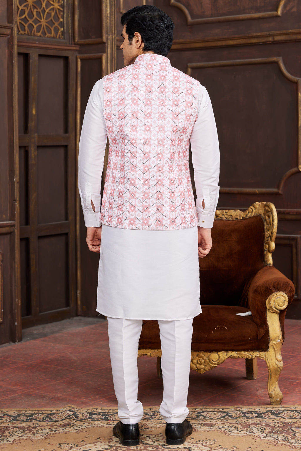 Pink White Art Silk Kurta Pajama with Waistcoat Jacket for Men for Wedding & Festivals - Print Work
