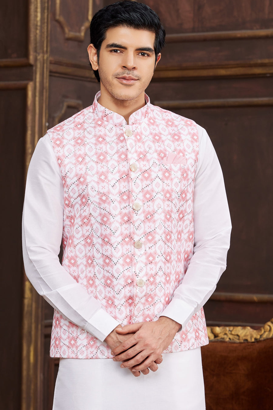 Pink White Art Silk Kurta Pajama with Waistcoat Jacket for Men for Wedding & Festivals - Print Work