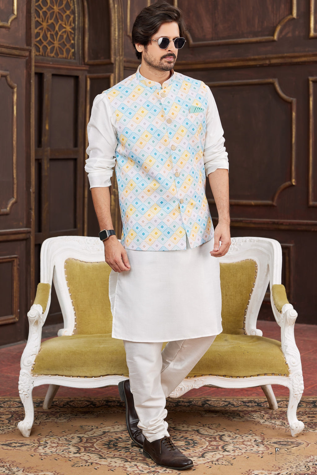 White Art Silk Kurta Pajama with Waistcoat Jacket for Men for Wedding & Festival - Print Work