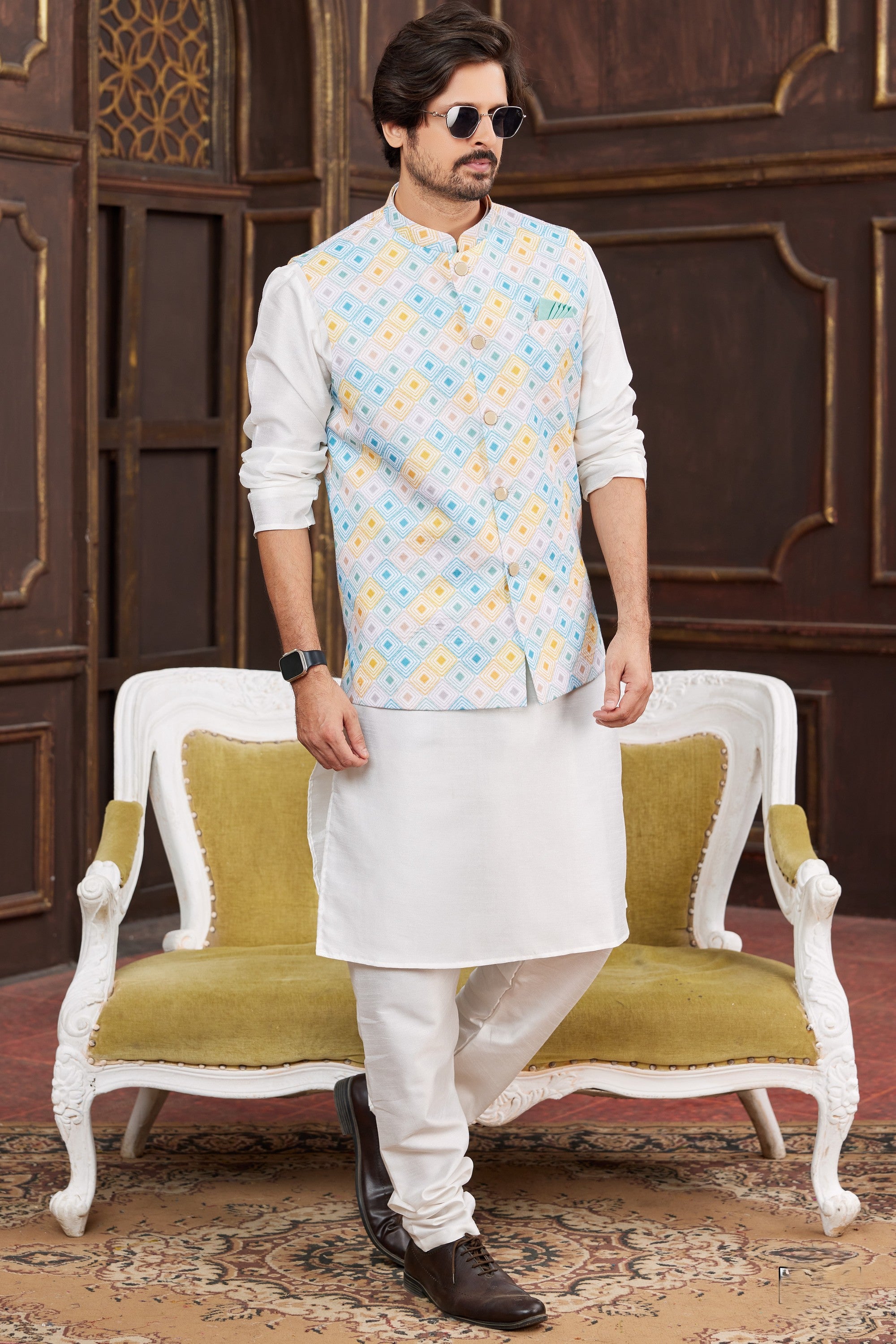 White Art Silk Kurta Pajama with Waistcoat Jacket for Men for Wedding & Festival - Print Work
