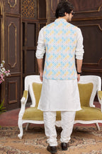 White Art Silk Kurta Pajama with Waistcoat Jacket for Men for Wedding & Festival - Print Work