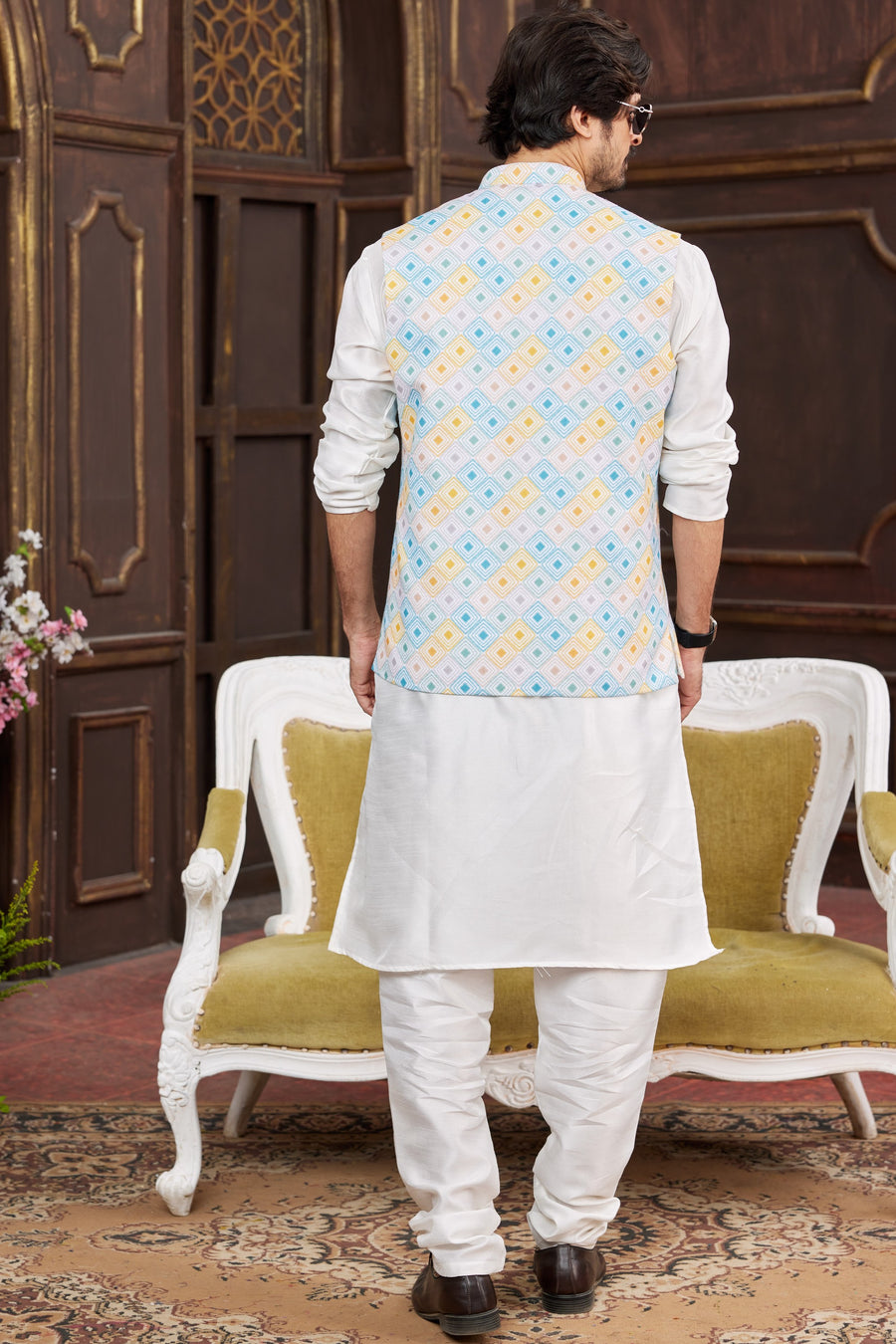 White Art Silk Kurta Pajama with Waistcoat Jacket for Men for Wedding & Festival - Print Work