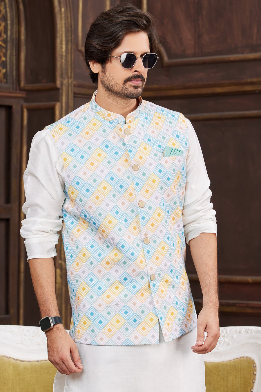 White Art Silk Kurta Pajama with Waistcoat Jacket for Men for Wedding & Festival - Print Work