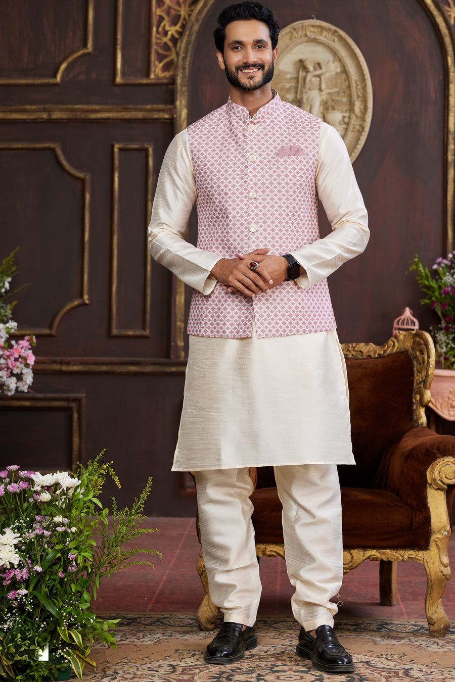 Cream Pink Art Silk Kurta Pajama with Waistcoat Jacket for Men for Wedding & Festival - Print Work