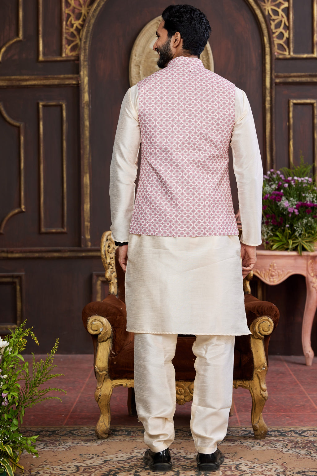Cream Pink Art Silk Kurta Pajama with Waistcoat Jacket for Men for Wedding & Festival - Print Work