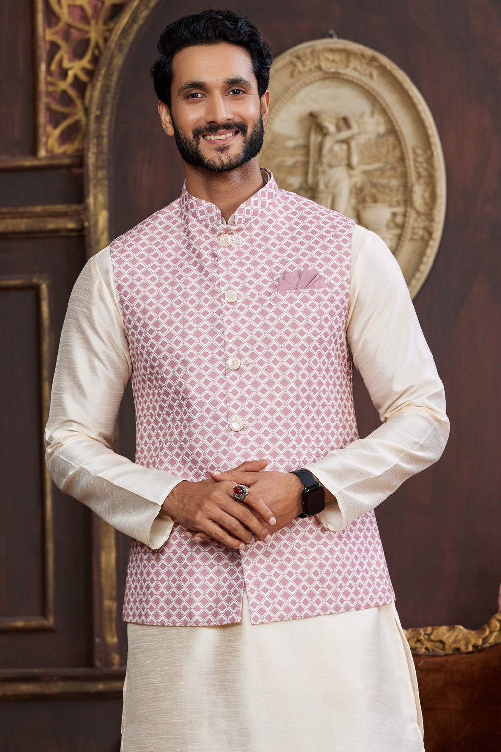 Cream Pink Art Silk Kurta Pajama with Waistcoat Jacket for Men for Wedding & Festival - Print Work