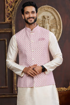 Cream Pink Art Silk Kurta Pajama with Waistcoat Jacket for Men for Wedding & Festival - Print Work