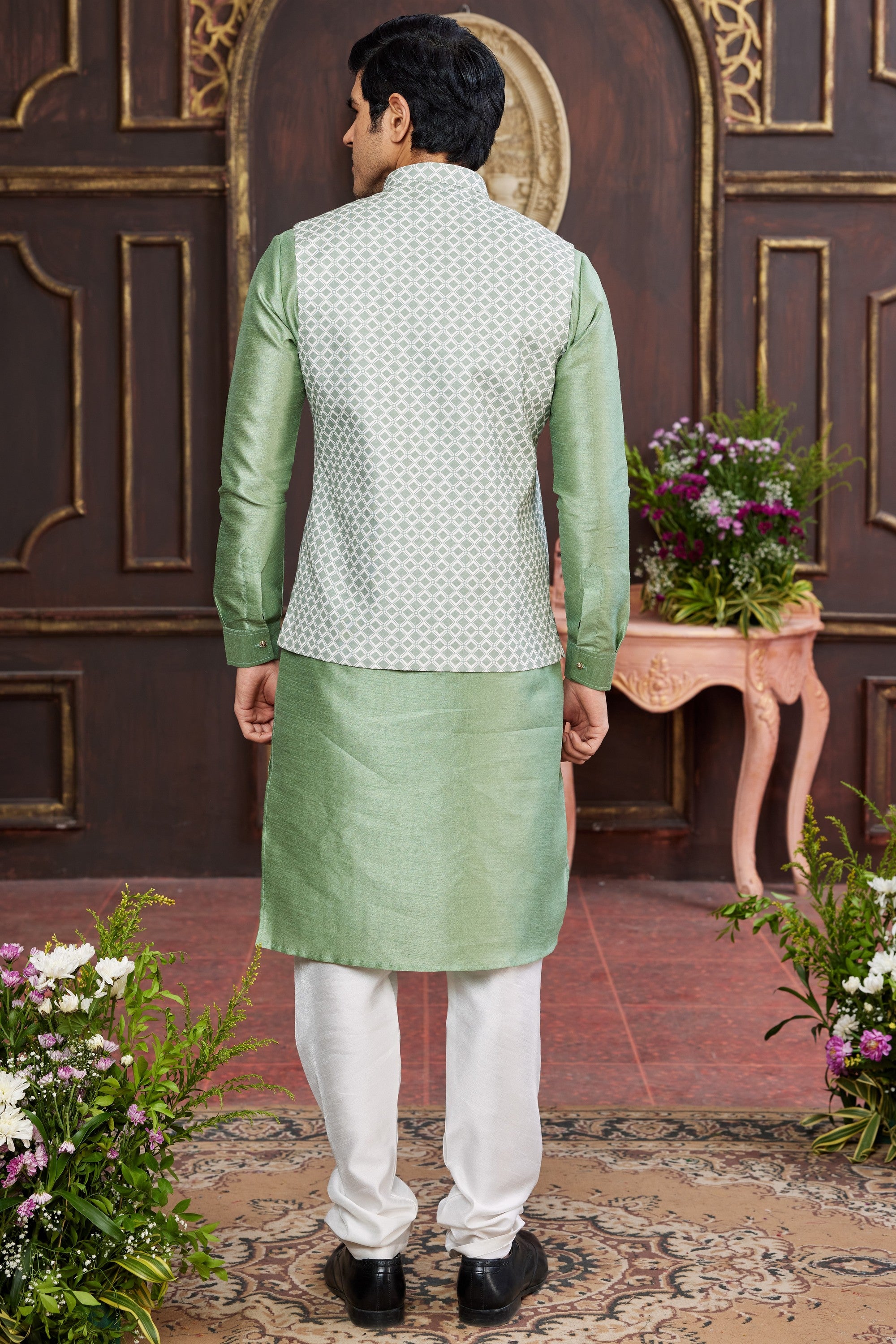 Green White Art Silk Kurta Pajama with Waistcoat Jacket for Men for Wedding & Festival - Print Work