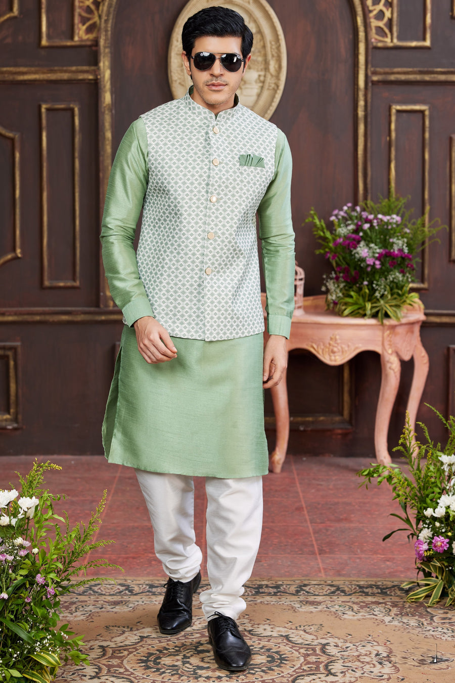 Green White Art Silk Kurta Pajama with Waistcoat Jacket for Men for Wedding & Festival - Print Work