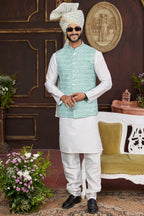 White Blue Art Silk Kurta Pajama with Waistcoat Jacket for Men for Wedding & Festival - Print Work
