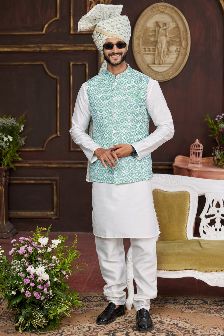 White Blue Art Silk Kurta Pajama with Waistcoat Jacket for Men for Wedding & Festival - Print Work