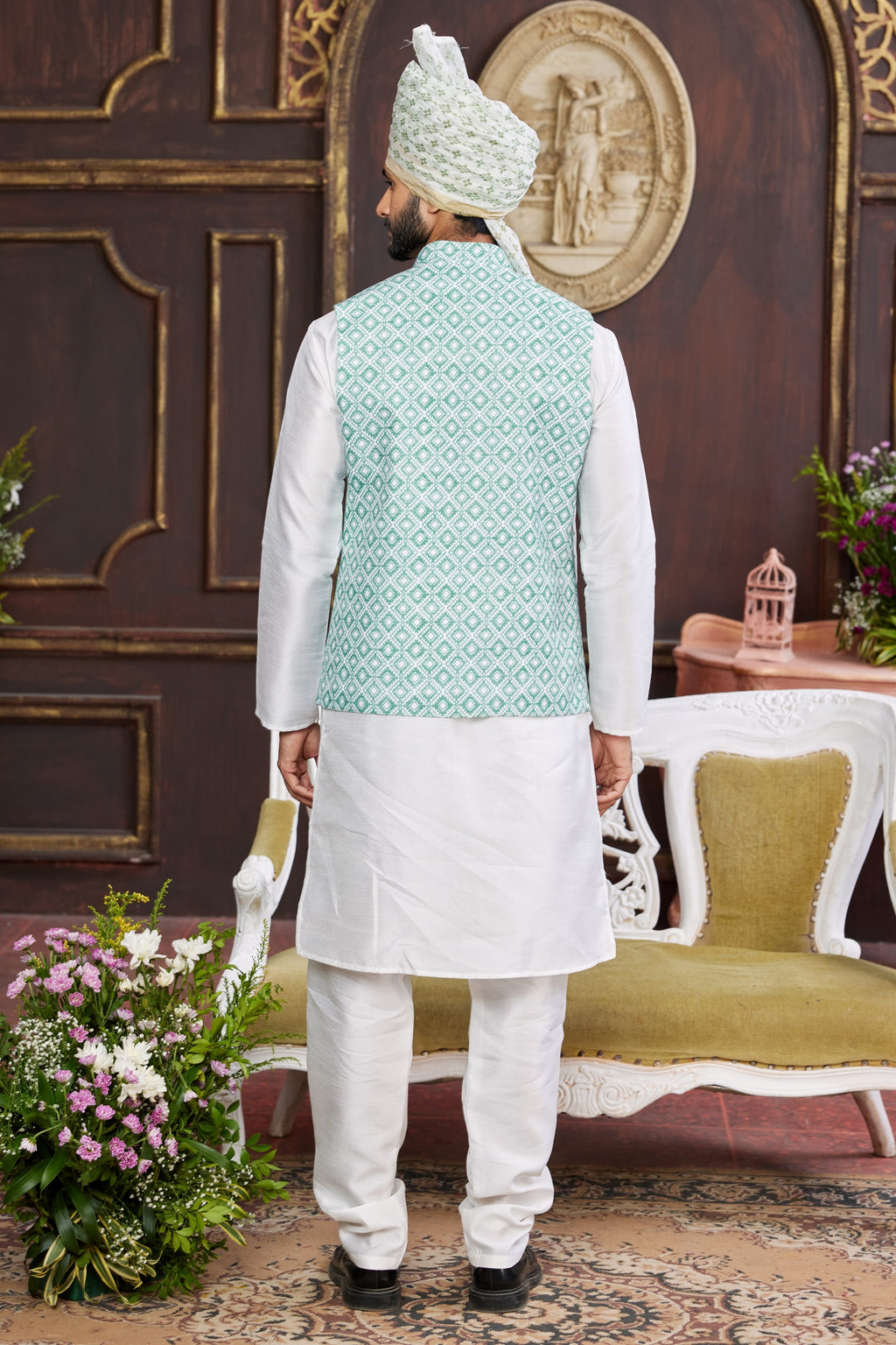 White Blue Art Silk Kurta Pajama with Waistcoat Jacket for Men for Wedding & Festival - Print Work