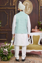 White Blue Art Silk Kurta Pajama with Waistcoat Jacket for Men for Wedding & Festival - Print Work