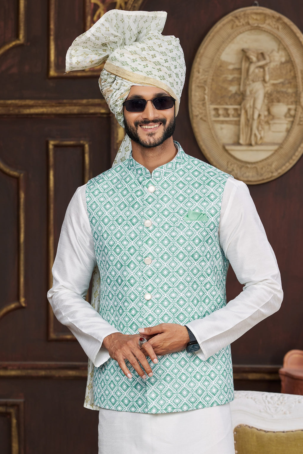 White Blue Art Silk Kurta Pajama with Waistcoat Jacket for Men for Wedding & Festival - Print Work