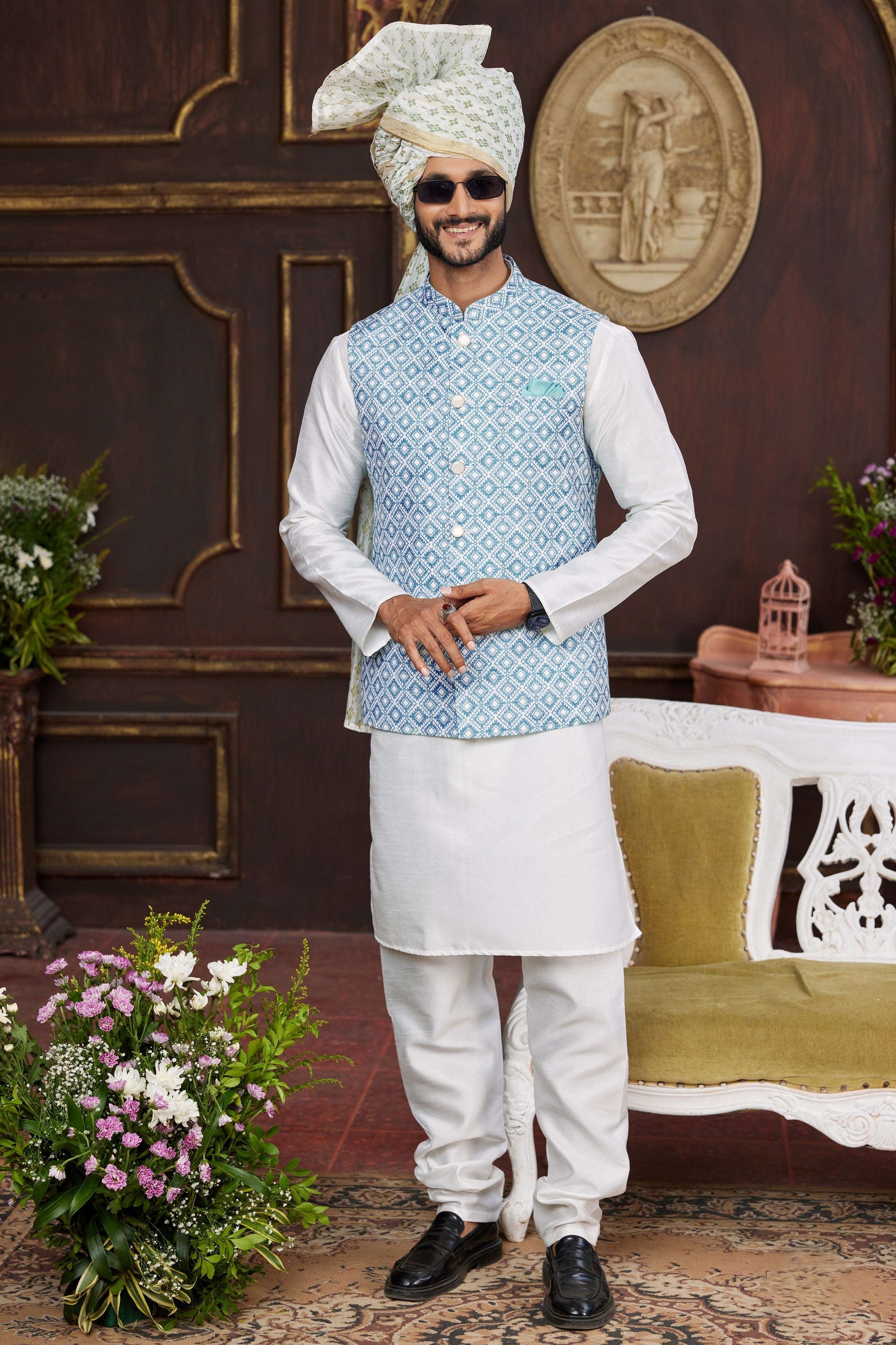 White Blue Art Silk Kurta Pajama with Waistcoat Jacket for Men for Festival & Wedding - Print Work