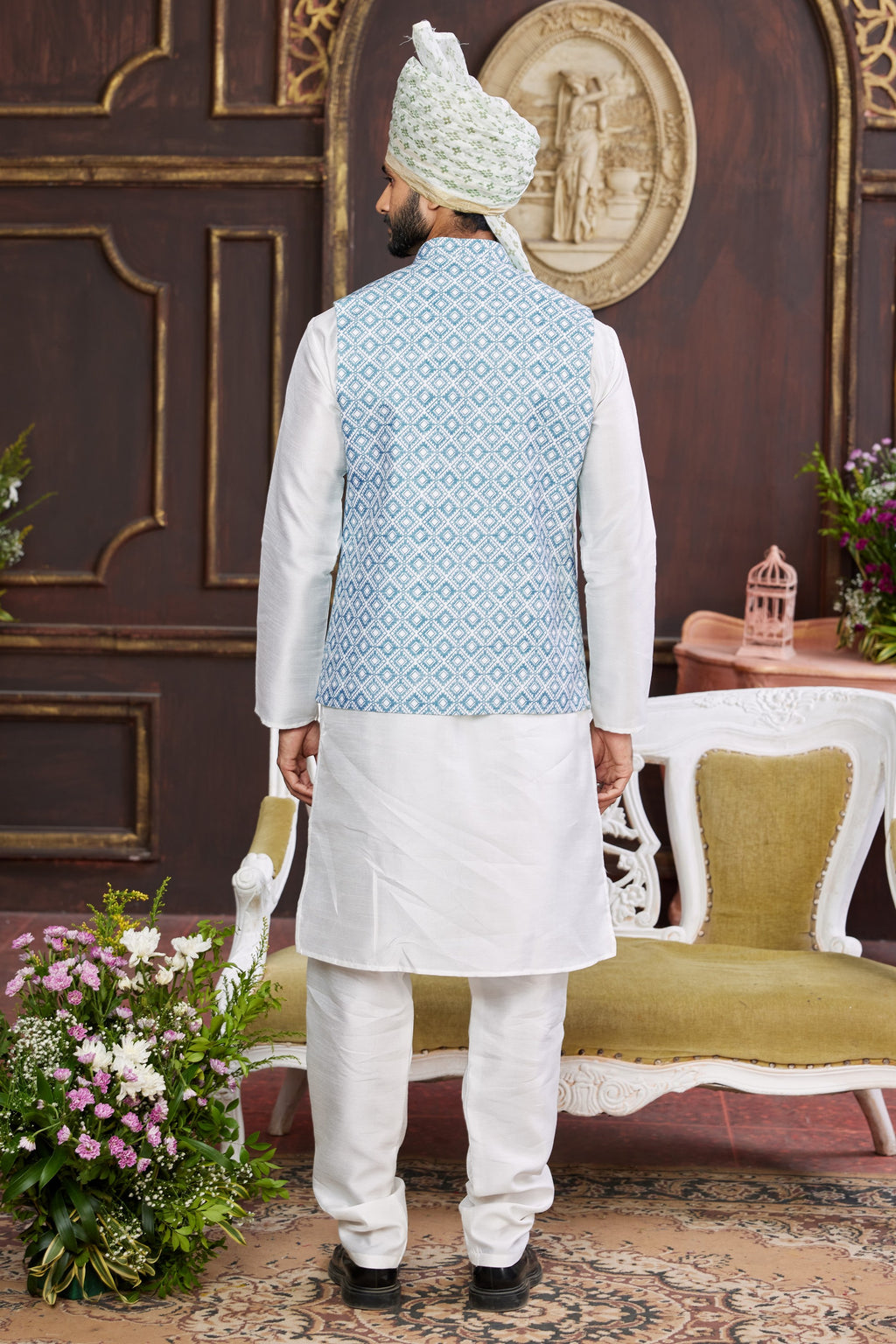 White Blue Art Silk Kurta Pajama with Waistcoat Jacket for Men for Festival & Wedding - Print Work