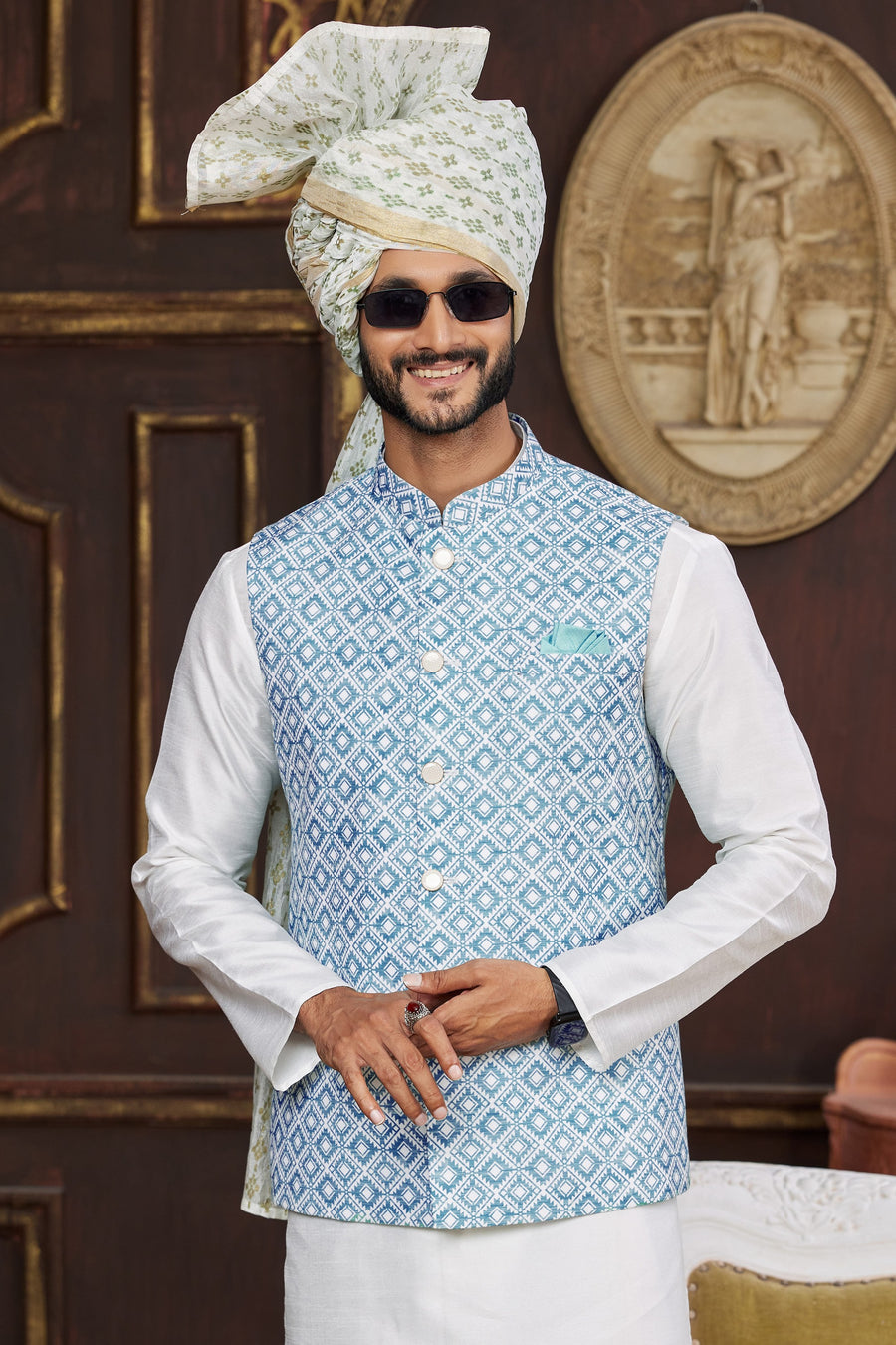 White Blue Art Silk Kurta Pajama with Waistcoat Jacket for Men for Festival & Wedding - Print Work