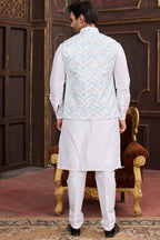 White Art Silk Kurta Pajama with Waistcoat Jacket for Men for Festival & Wedding - Print Work