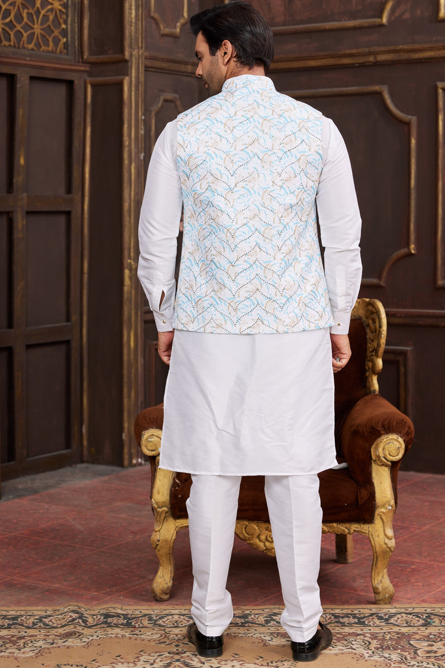 White Art Silk Kurta Pajama with Waistcoat Jacket for Men for Festival & Wedding - Print Work