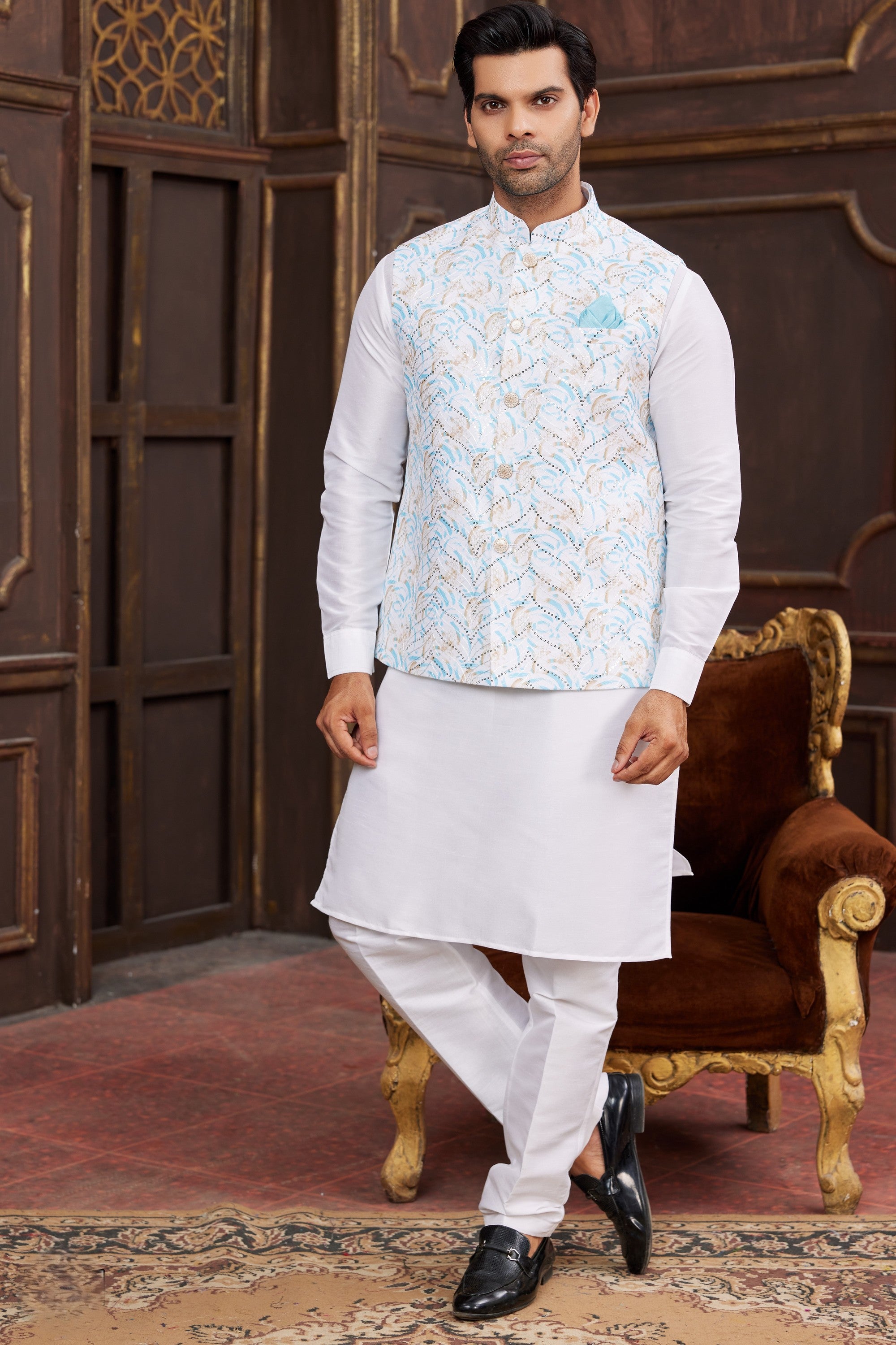 White Art Silk Kurta Pajama with Waistcoat Jacket for Men for Festival & Wedding - Print Work