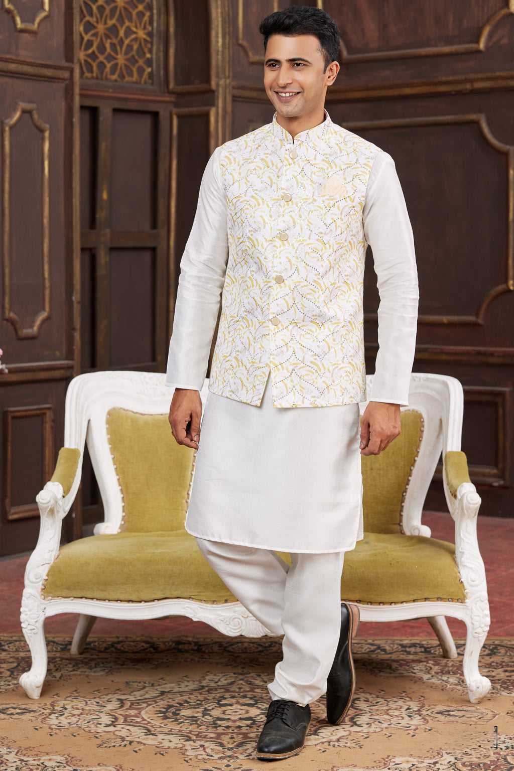 Off White Art Silk Kurta Pajama with Waistcoat Jacket for Men for Festival & Wedding - Print Work