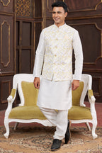 Off White Art Silk Kurta Pajama with Waistcoat Jacket for Men for Festival & Wedding - Print Work