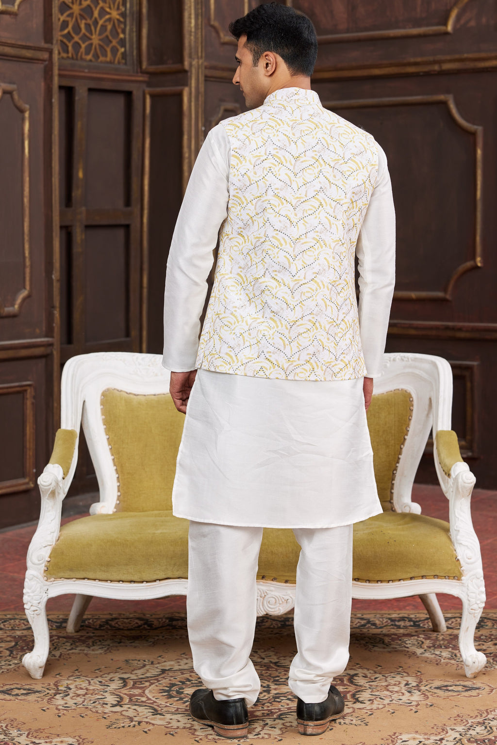 Off White Art Silk Kurta Pajama with Waistcoat Jacket for Men for Festival & Wedding - Print Work