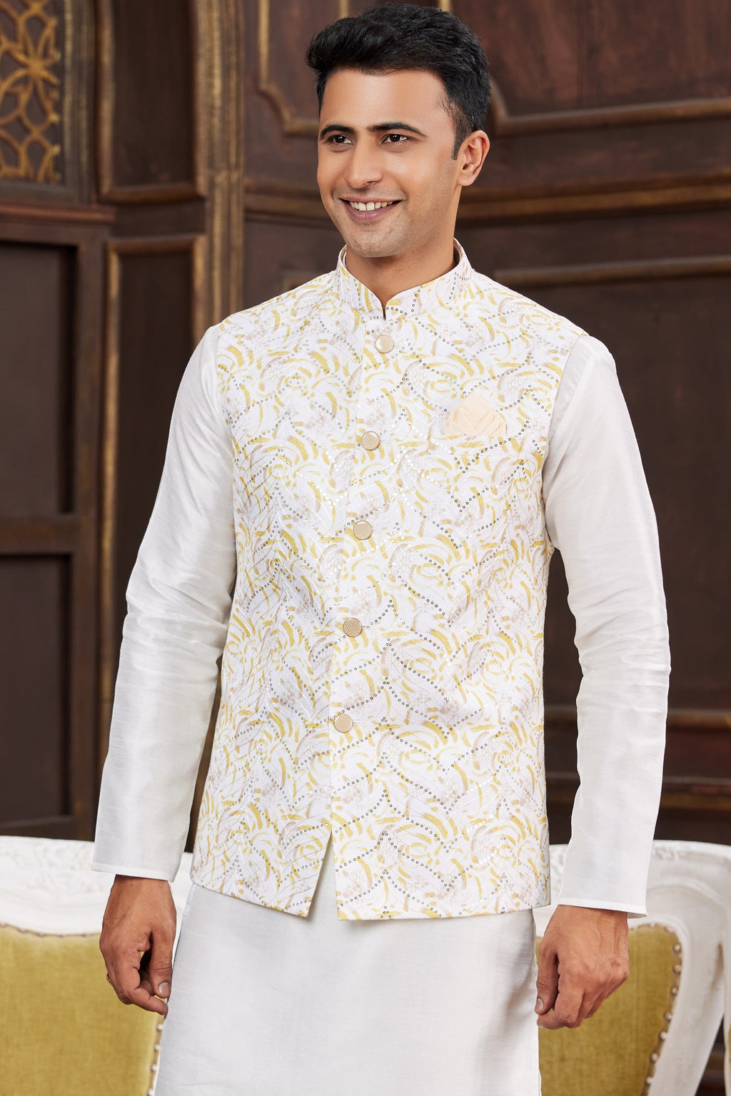 Off White Art Silk Kurta Pajama with Waistcoat Jacket for Men for Festival & Wedding - Print Work