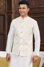 Off White Art Silk Kurta Pajama with Waistcoat Jacket for Men for Festival & Wedding - Print Work