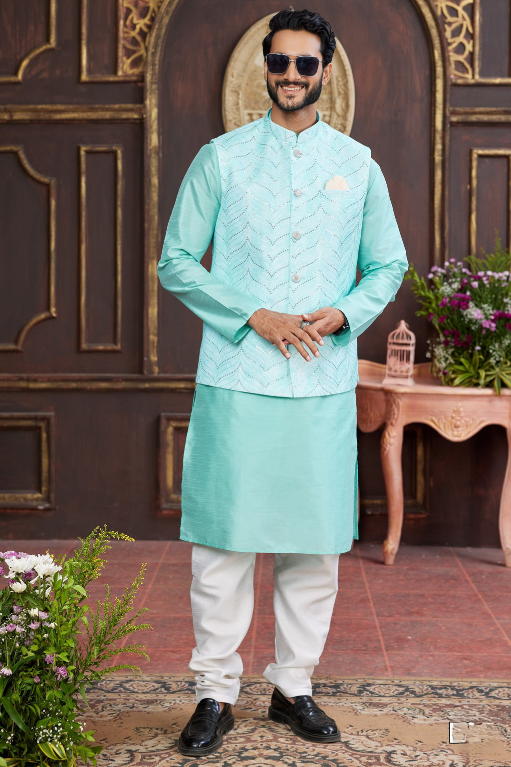 Sky Blue Art Silk Kurta Pajama with Waistcoat Jacket for Men for Festival & Wedding - Print Work