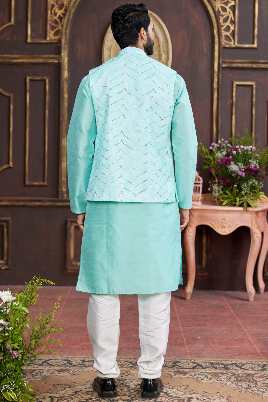 Sky Blue Art Silk Kurta Pajama with Waistcoat Jacket for Men for Festival & Wedding - Print Work