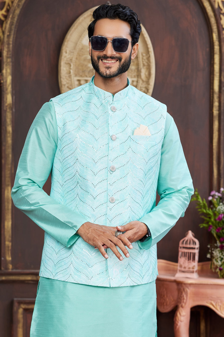 Sky Blue Art Silk Kurta Pajama with Waistcoat Jacket for Men for Festival & Wedding - Print Work