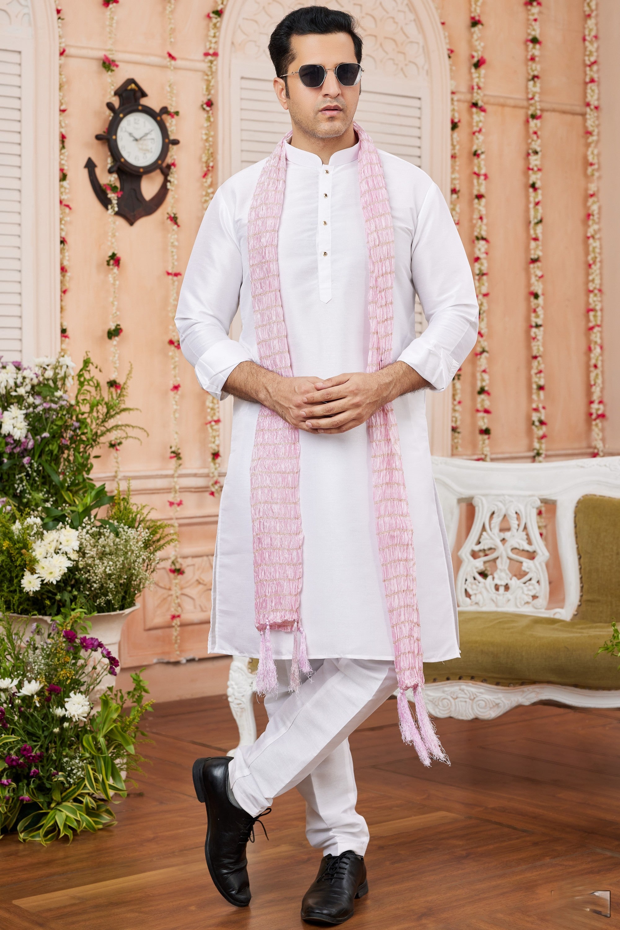 White Art Silk Plain Kurta Pajama with Stole Scarf for Men for Festivals & Weddings
