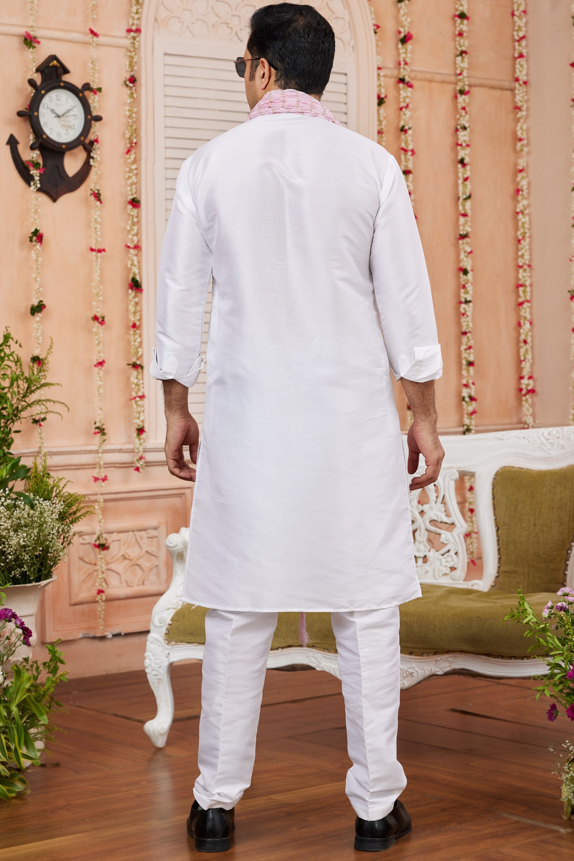 White Art Silk Plain Kurta Pajama with Stole Scarf for Men for Festivals & Weddings