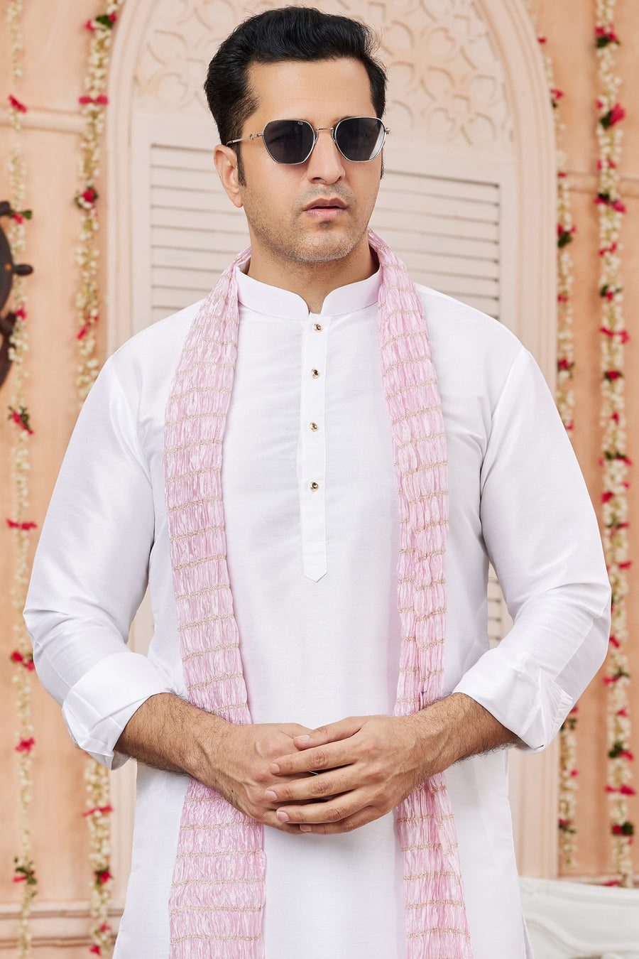 White Art Silk Plain Kurta Pajama with Stole Scarf for Men for Festivals & Weddings