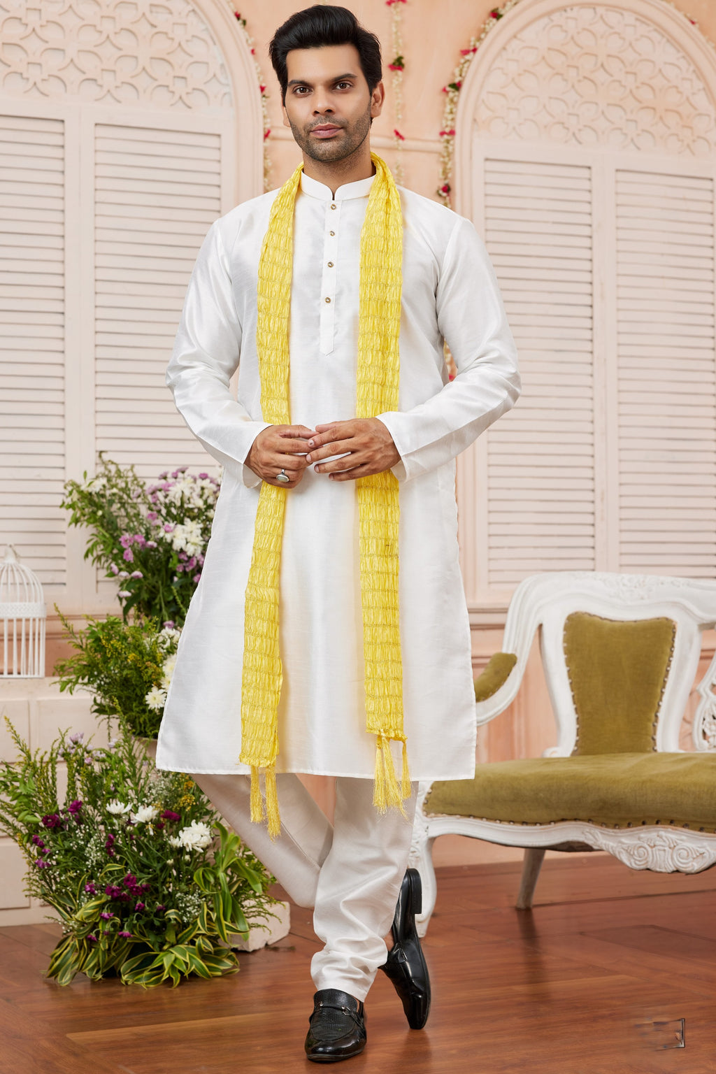 White Art Silk Plain Kurta Pajama with Stole Scarf for Men for Festivals & Wedding