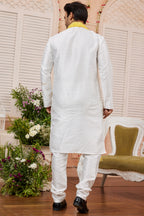 White Art Silk Plain Kurta Pajama with Stole Scarf for Men for Festivals & Wedding