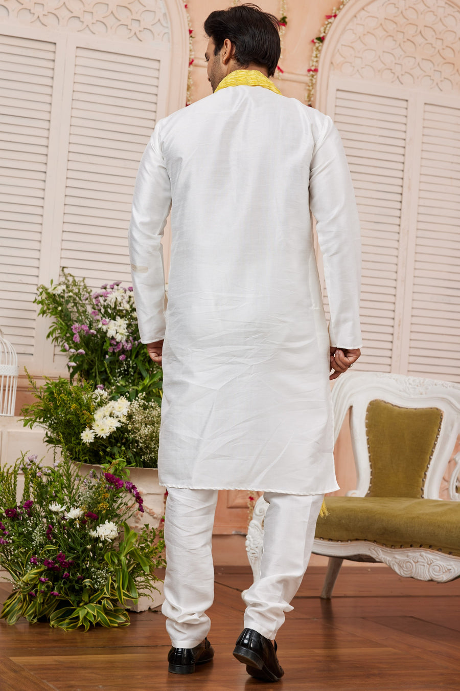 White Art Silk Plain Kurta Pajama with Stole Scarf for Men for Festivals & Wedding