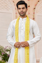 White Art Silk Plain Kurta Pajama with Stole Scarf for Men for Festivals & Wedding