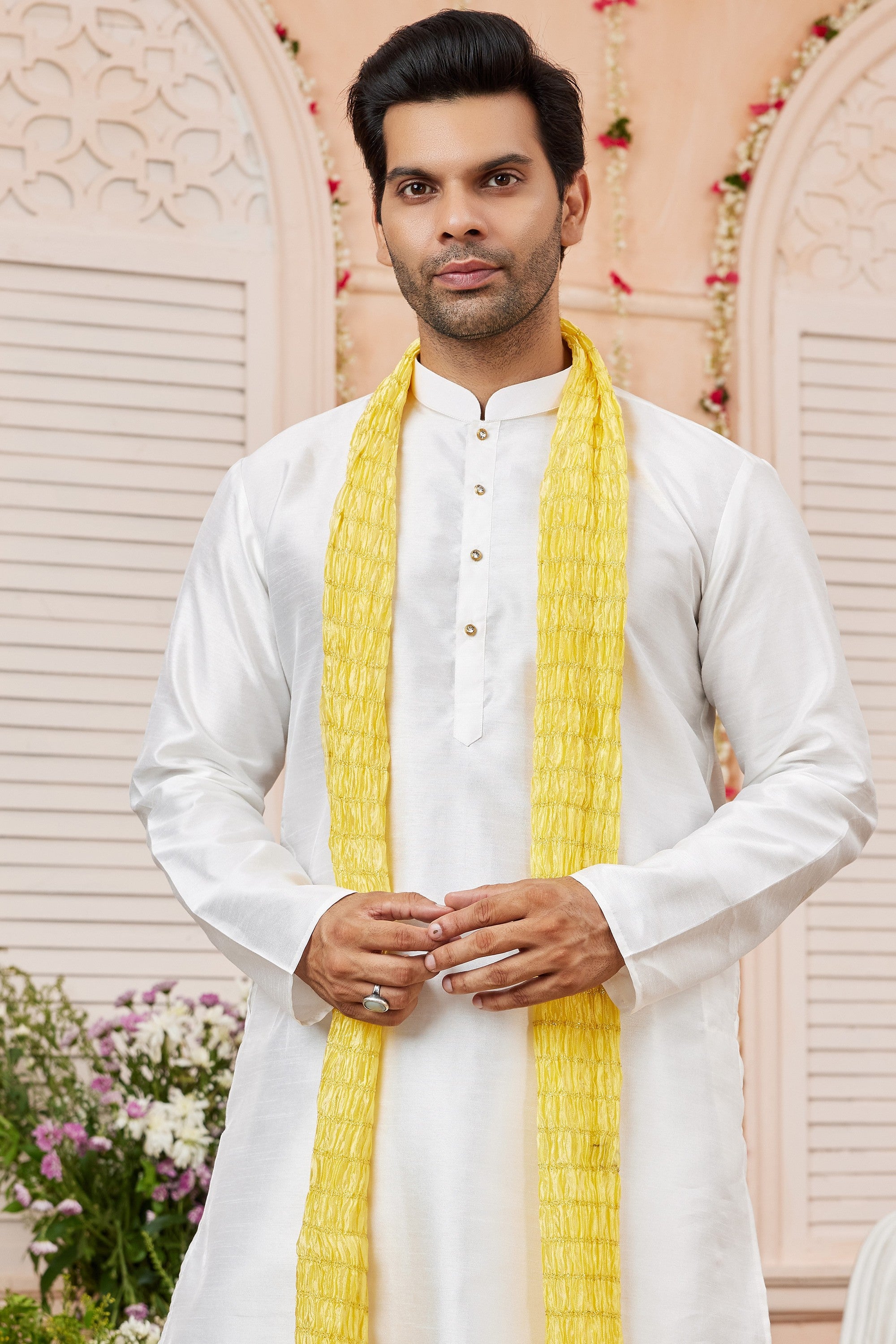 White Art Silk Plain Kurta Pajama with Stole Scarf for Men for Festivals & Wedding