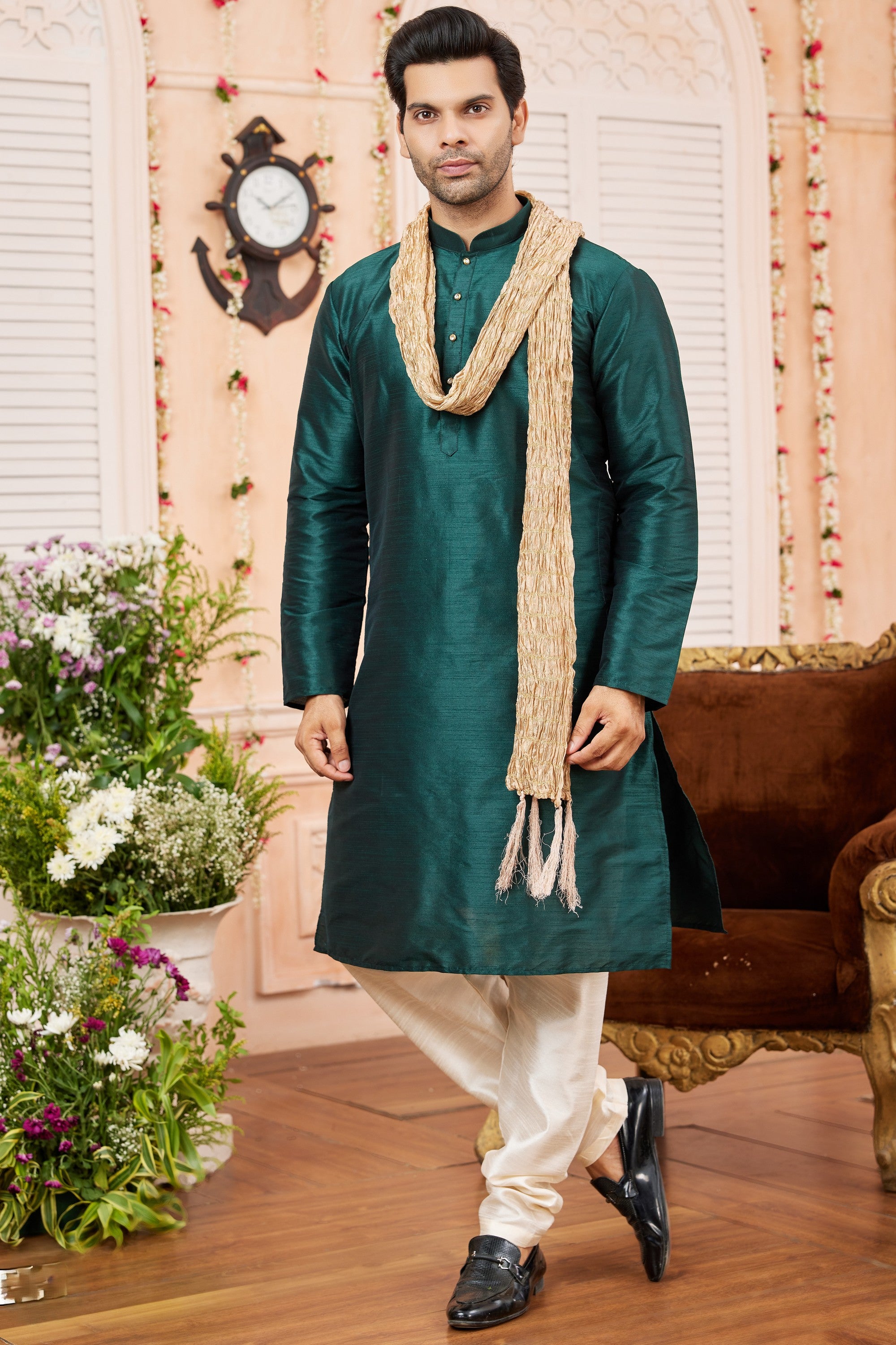 Teal Green Art Silk Plain Kurta Pajama with Stole Scarf for Men for Festivals & Wedding