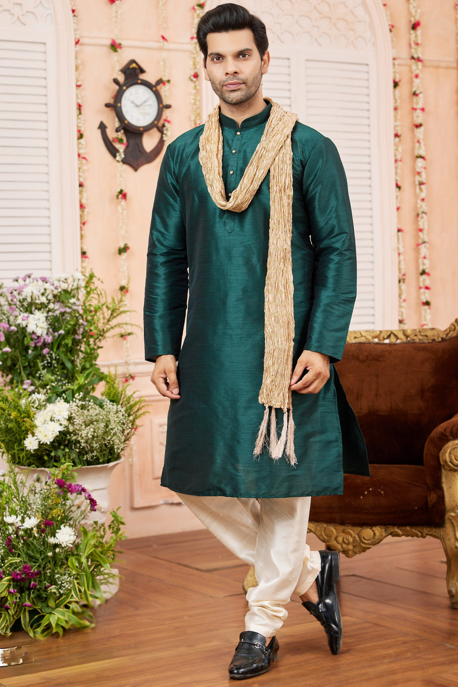 Teal Green Art Silk Plain Kurta Pajama with Stole Scarf for Men for Festivals & Wedding