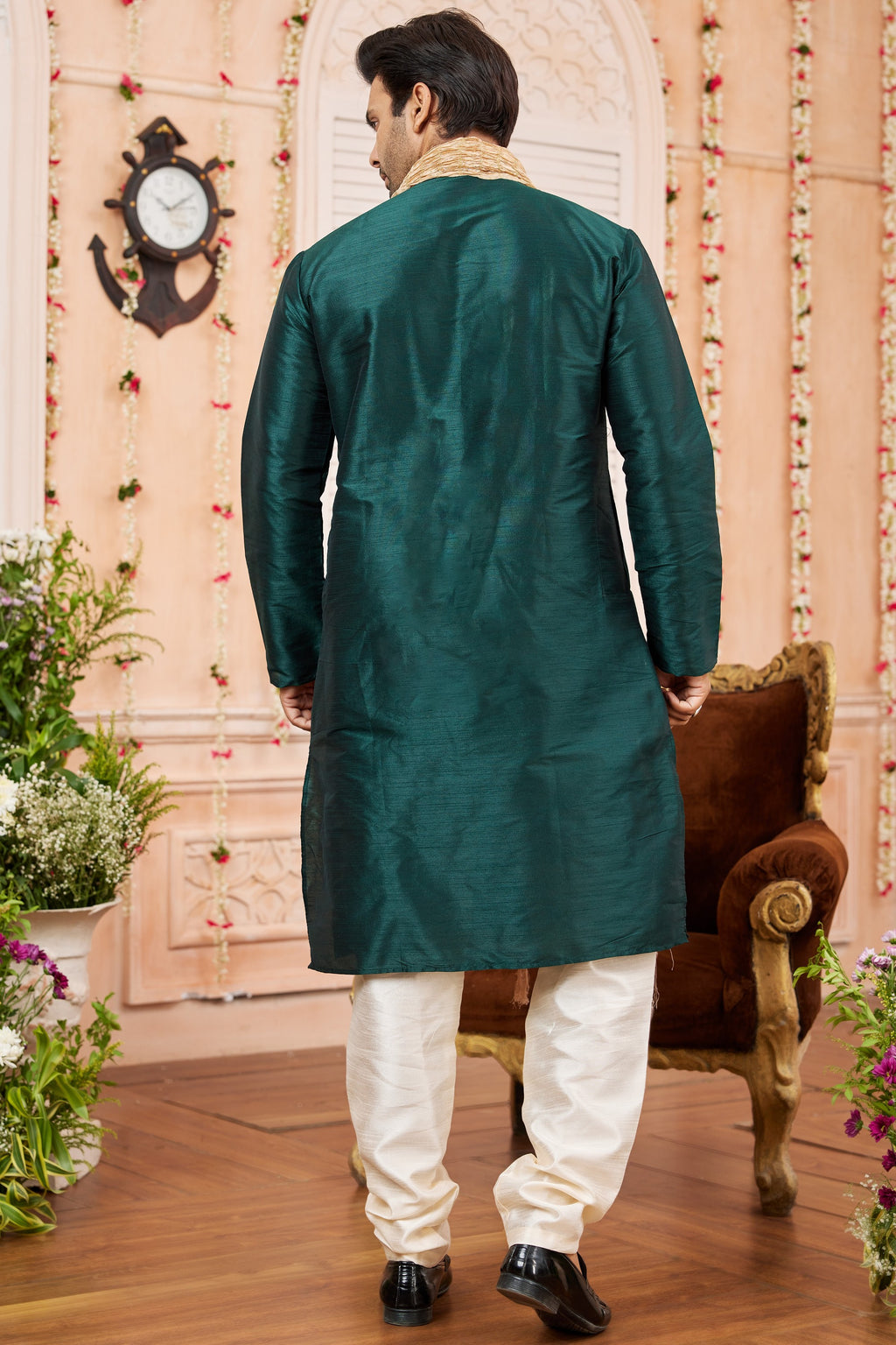 Teal Green Art Silk Plain Kurta Pajama with Stole Scarf for Men for Festivals & Wedding