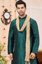 Teal Green Art Silk Plain Kurta Pajama with Stole Scarf for Men for Festivals & Wedding
