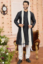 Black Art Silk Plain Kurta Pajama with Stole Scarf for Men for Festivals & Wedding