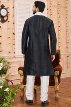 Black Art Silk Plain Kurta Pajama with Stole Scarf for Men for Festivals & Wedding